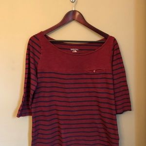 3/4 Length Red & Navy Striped Pocket Tee